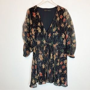 House of Harlow x revolve mini floral dress with silver shimmer.